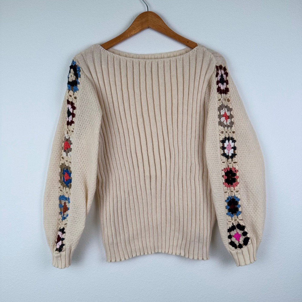 Crochet Sweater Womens 3XL Cream Excellent Crochet Granny Square Sleeve Boho